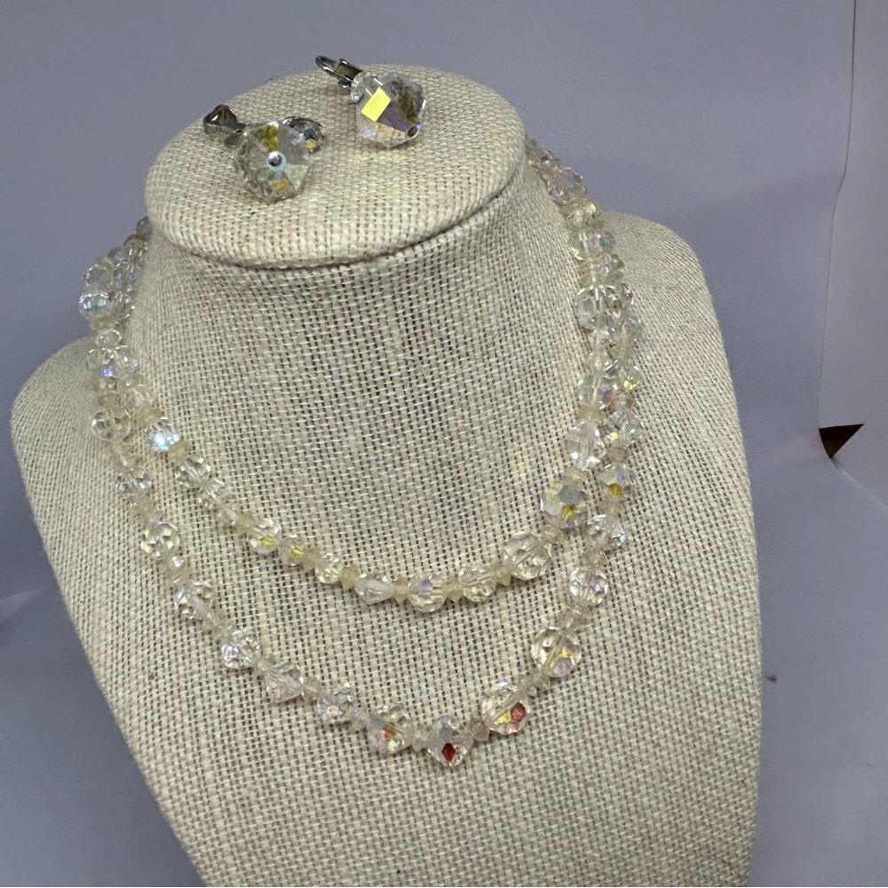 Vintage Clear Rhinestone Beaded Necklace & Clip-on‎ Earrings 2PC Set Victorian